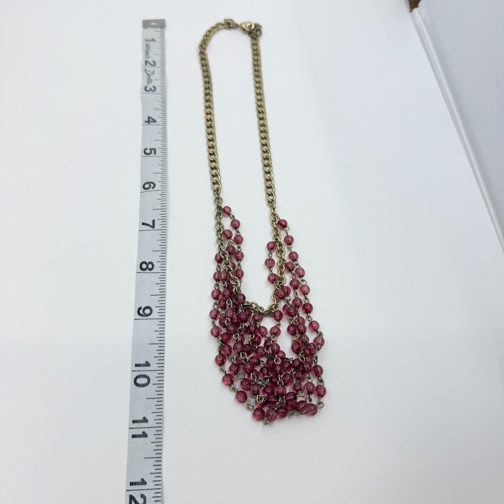 Necklace Vintage Gold Tone Pink Purple Bead Multi Strand Draped Statement Boho - Picture 9 of 10